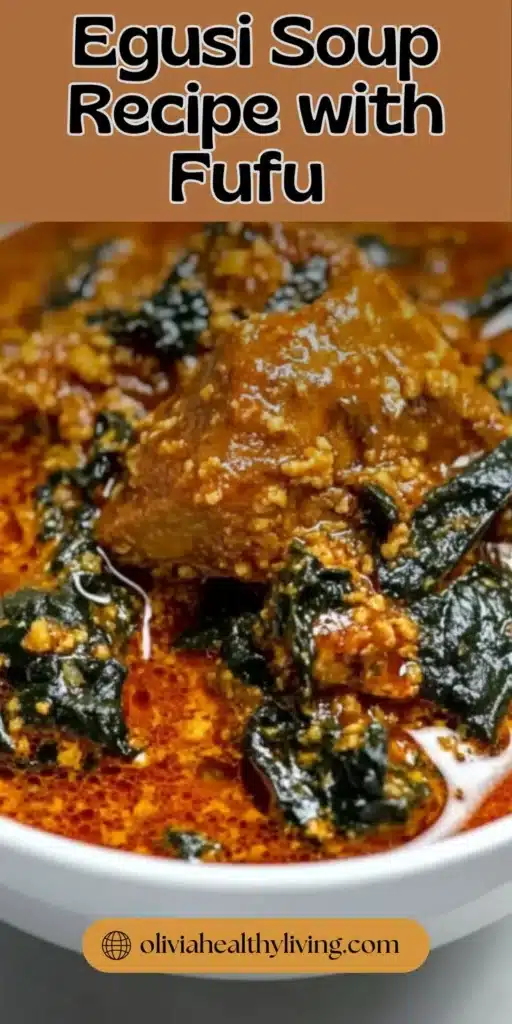 Flavorful Nigerian Egusi soup made with ground melon seeds, meat, and spinach in a spicy red broth, ideal with a side of fufu.

