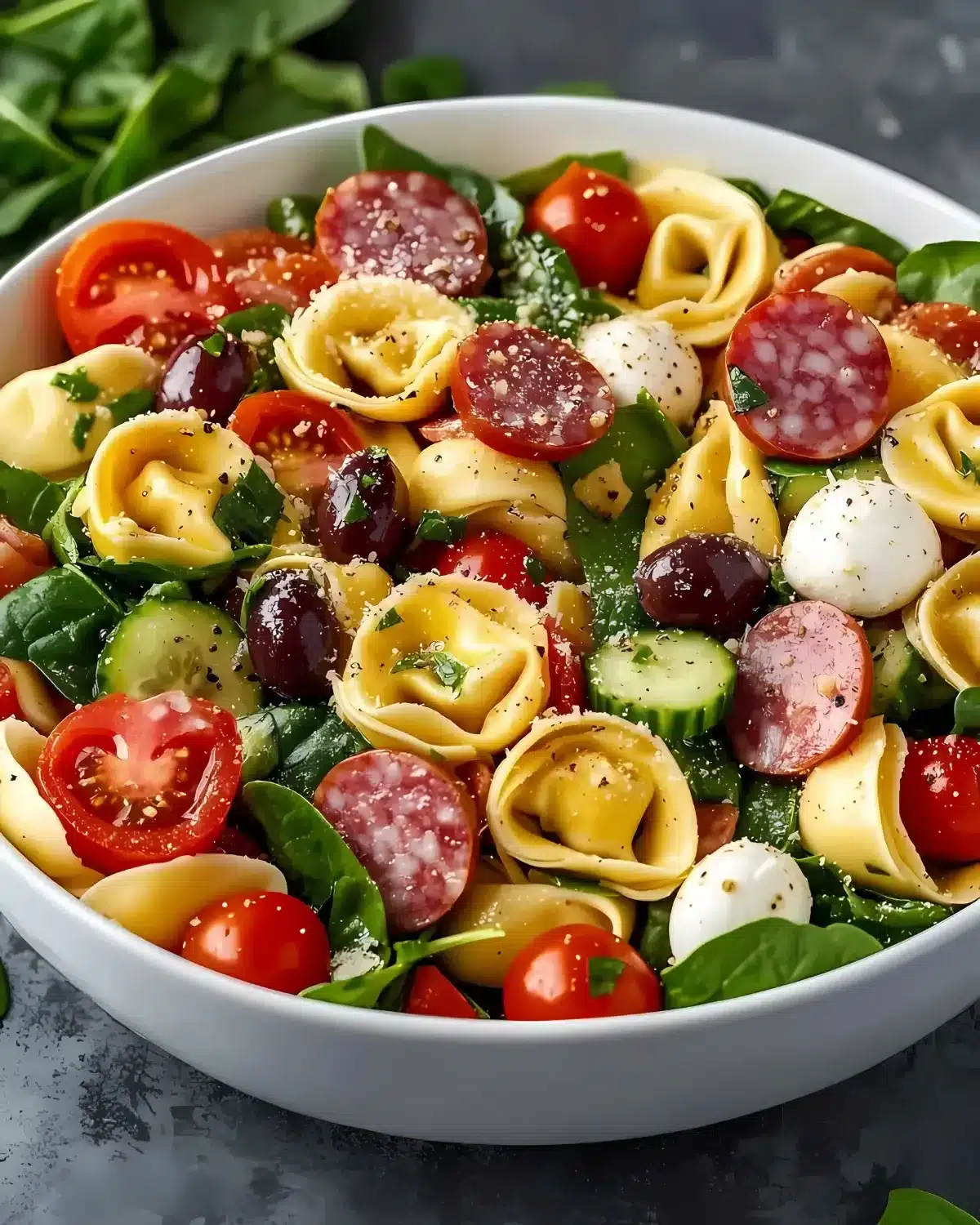 Close-up of tortellini pasta salad featuring olives, salami, mozzarella balls, spinach, and tomatoes