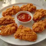 Beautifully plated homemade KFC chicken tenders with ketchup dip on a white plate with decorative flowers