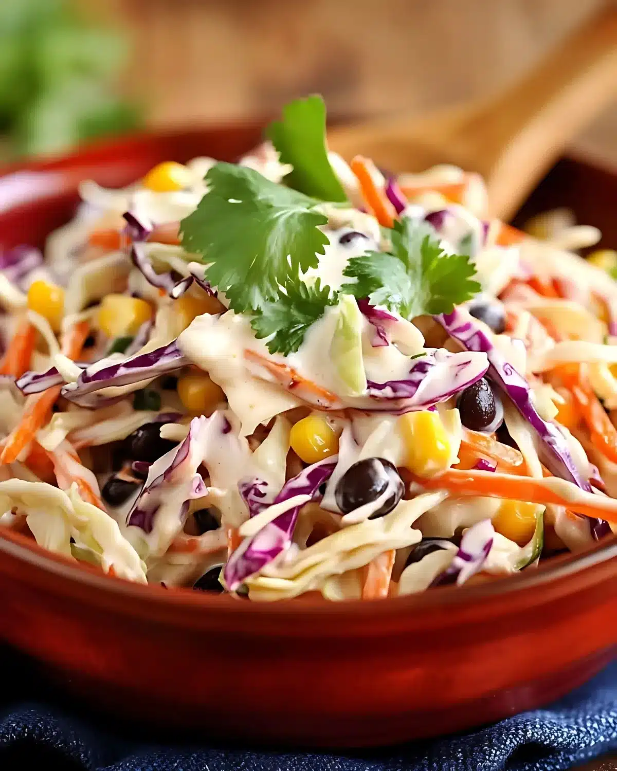 Mexican coleslaw with cilantro garnish in red bowl