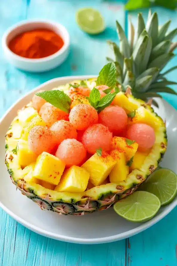Tropical fruit with chili lime in pineapple bowl