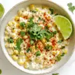 Bowl of vegan corn salad with cilantro lime