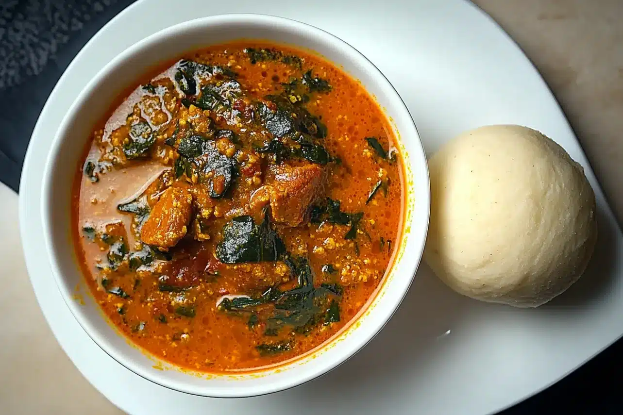 A bowl of rich Nigerian Egusi soup, made with melon seeds and garnished with spinach, paired with a ball of fufu.