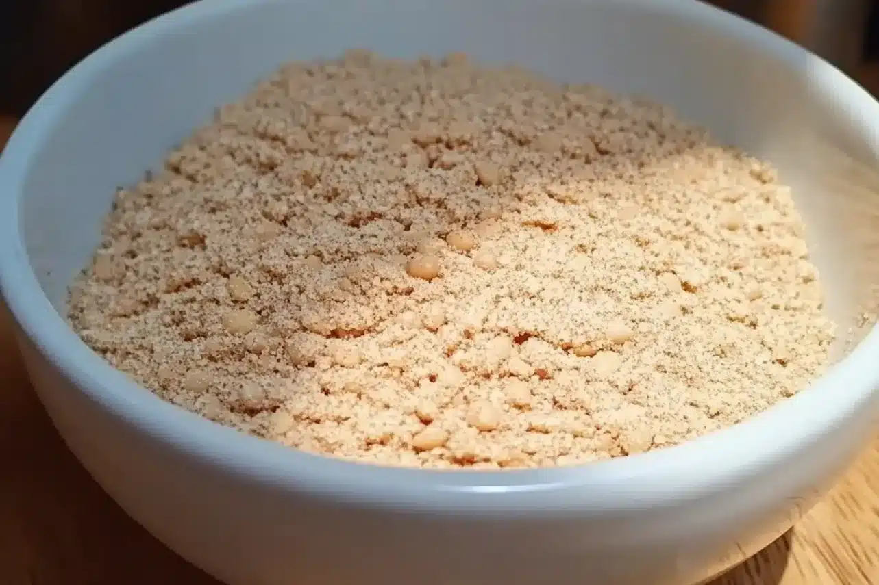 Traditional Nigerian Egusi soup with ground melon seeds, meats, spinach, and palm oil served in a white bowl.