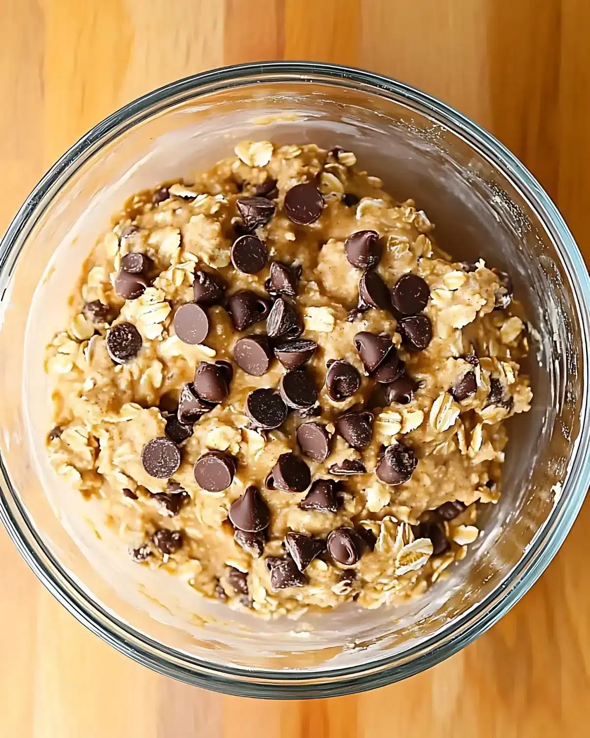 Overhead shot of oatmeal chocolate chip energy ball dough in a clear glass bowl on wood
