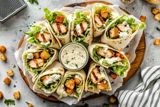 Chicken Caesar wraps arranged on a wooden platter with dipping sauce in the center
