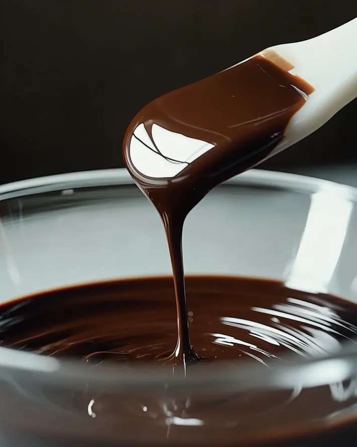 Glossy ganache dripping from white spatula