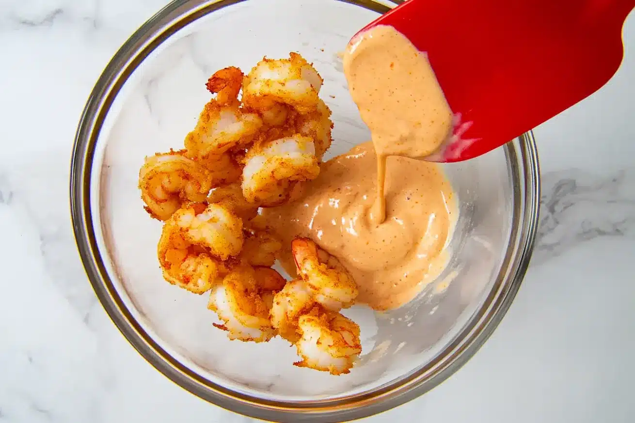 Pouring Boom Boom Sauce on Shrimp