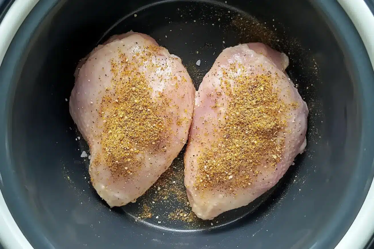 Raw chicken breasts with seasoning rub