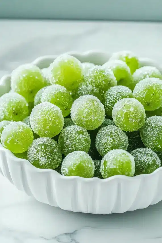 Sugary-coated frozen grapes in a bowl, perfect for a simple, chilled snack.