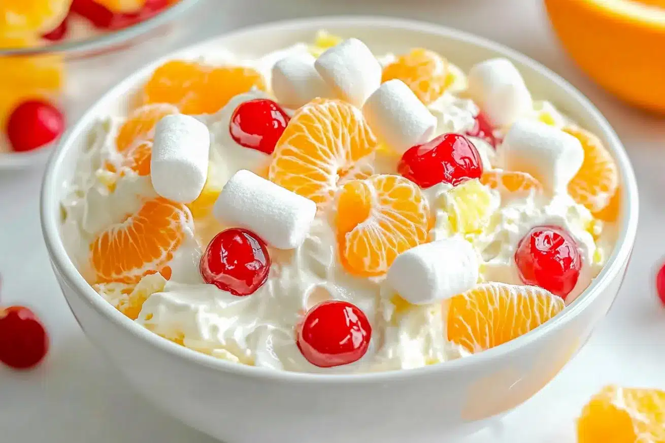 Fruit salad with Cool Whip featuring mandarin oranges and cherries