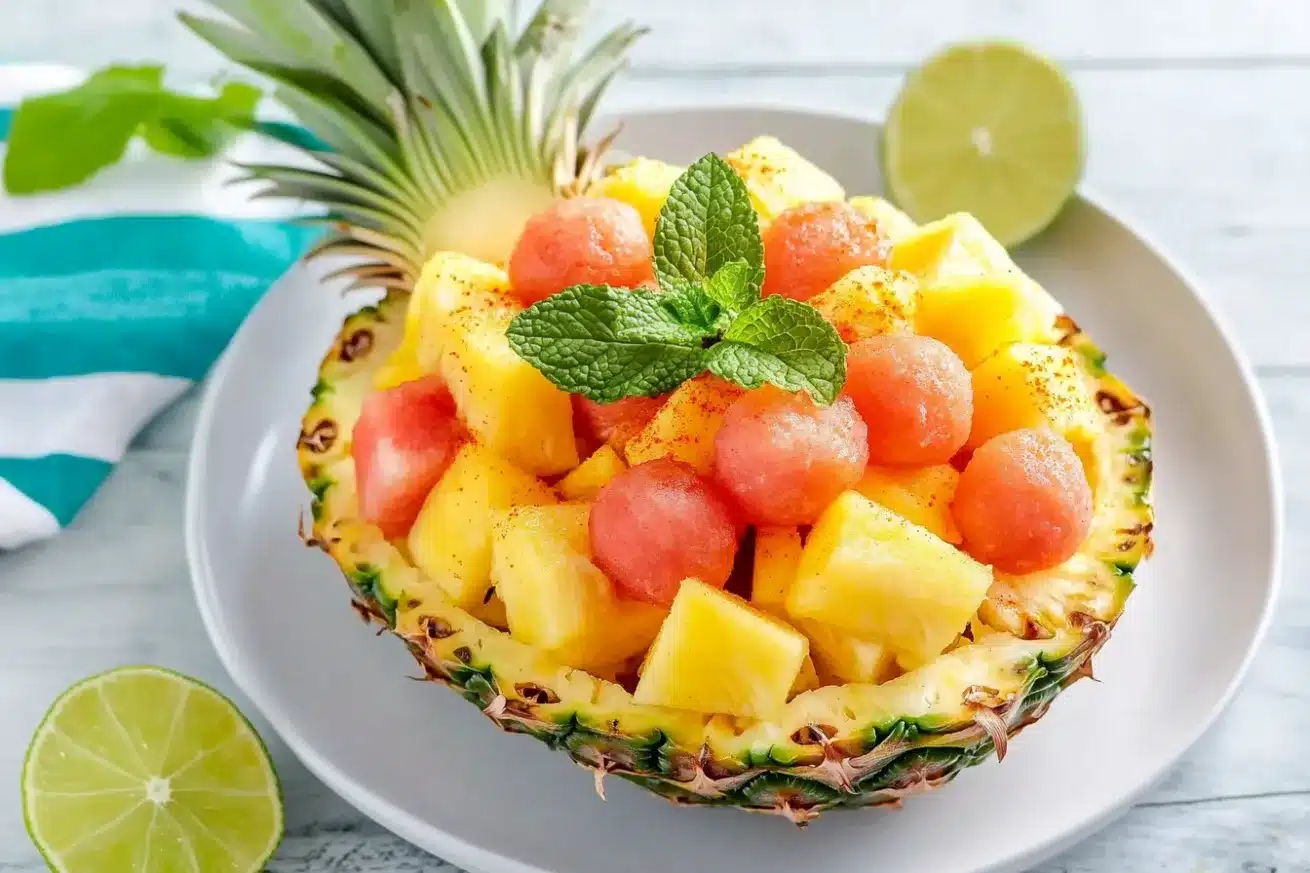 Tropical fruit salad in hollowed pineapple half
