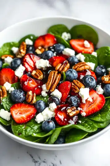 A rustic serving plate with leafy greens, berries, and a sprinkle of sunflower seeds and goat cheese.

