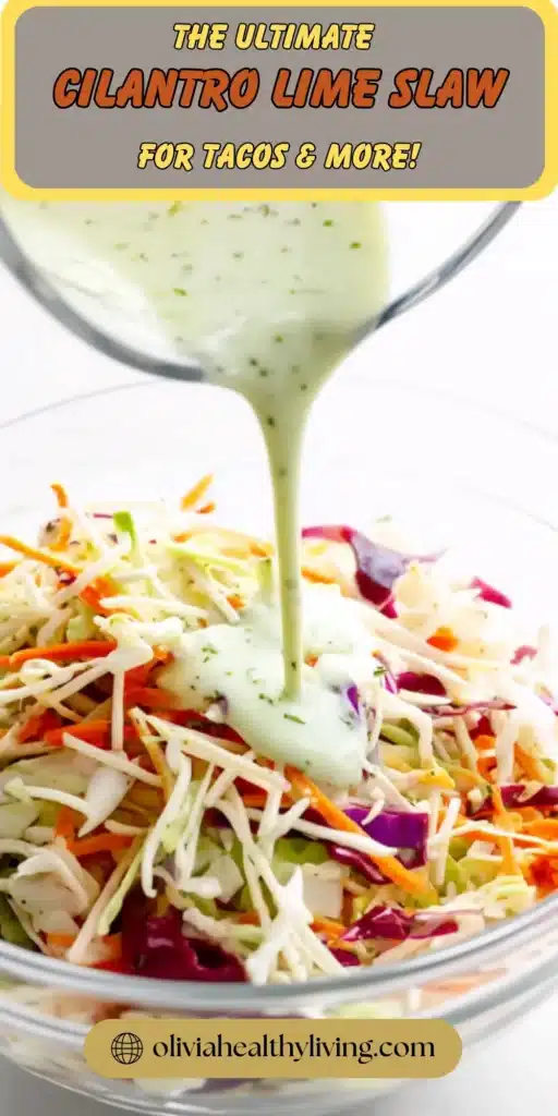 Creamy cilantro lime dressing being poured over a colorful coleslaw mix with white, orange, and purple shredded vegetables in a clear glass bowl.