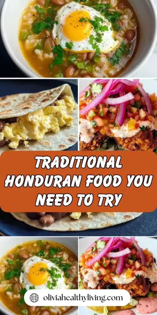 Honduran breakfast soup with egg, classic scrambled egg baleada, and crispy fried chicken with pickled onions and salsa.