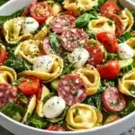 Overhead view of colorful tortellini salad with fresh spinach, mozzarella pearls, salami slices, and cucumbers