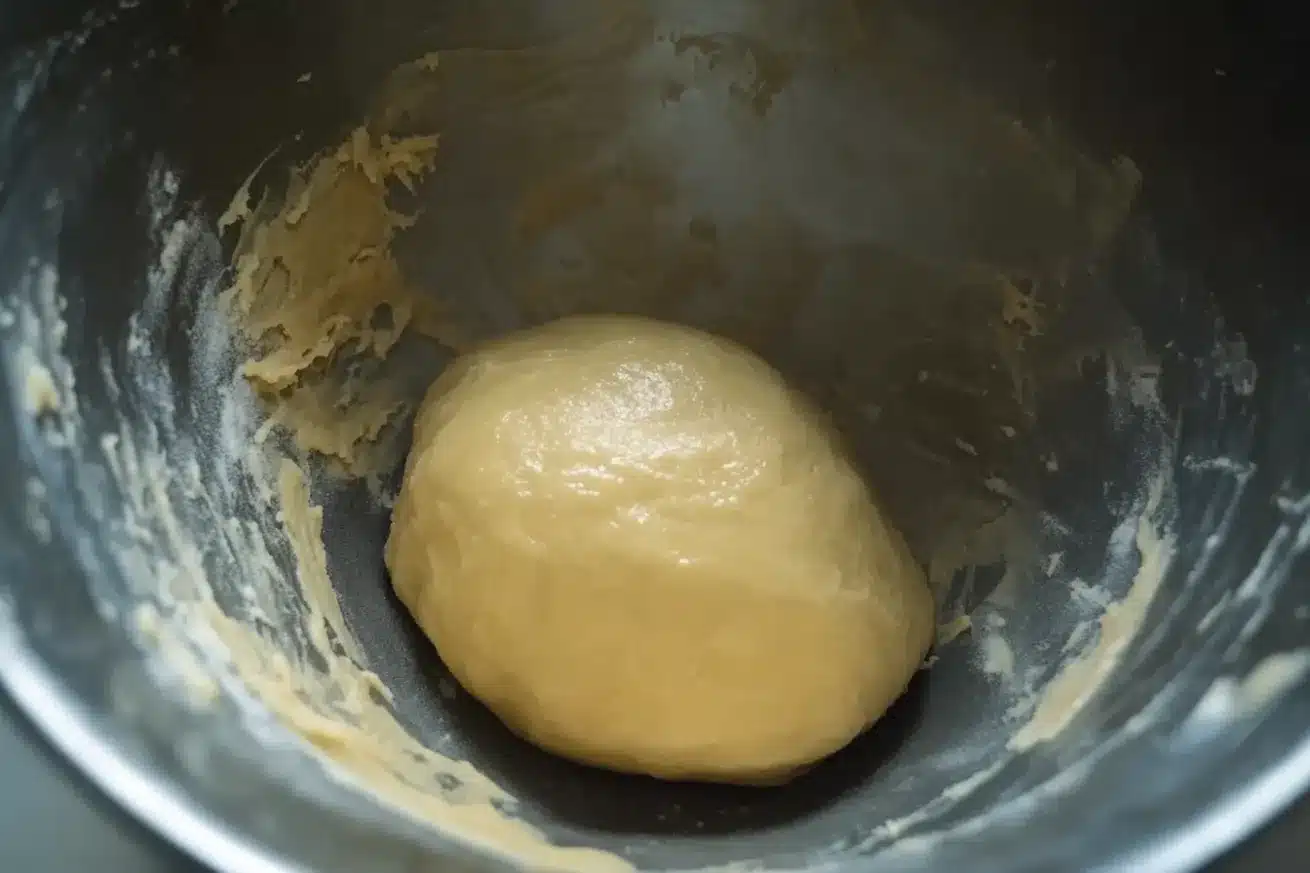  Well-mixed yeast donut dough formed into a smooth ball in a mixing bowl, ready for its first rise