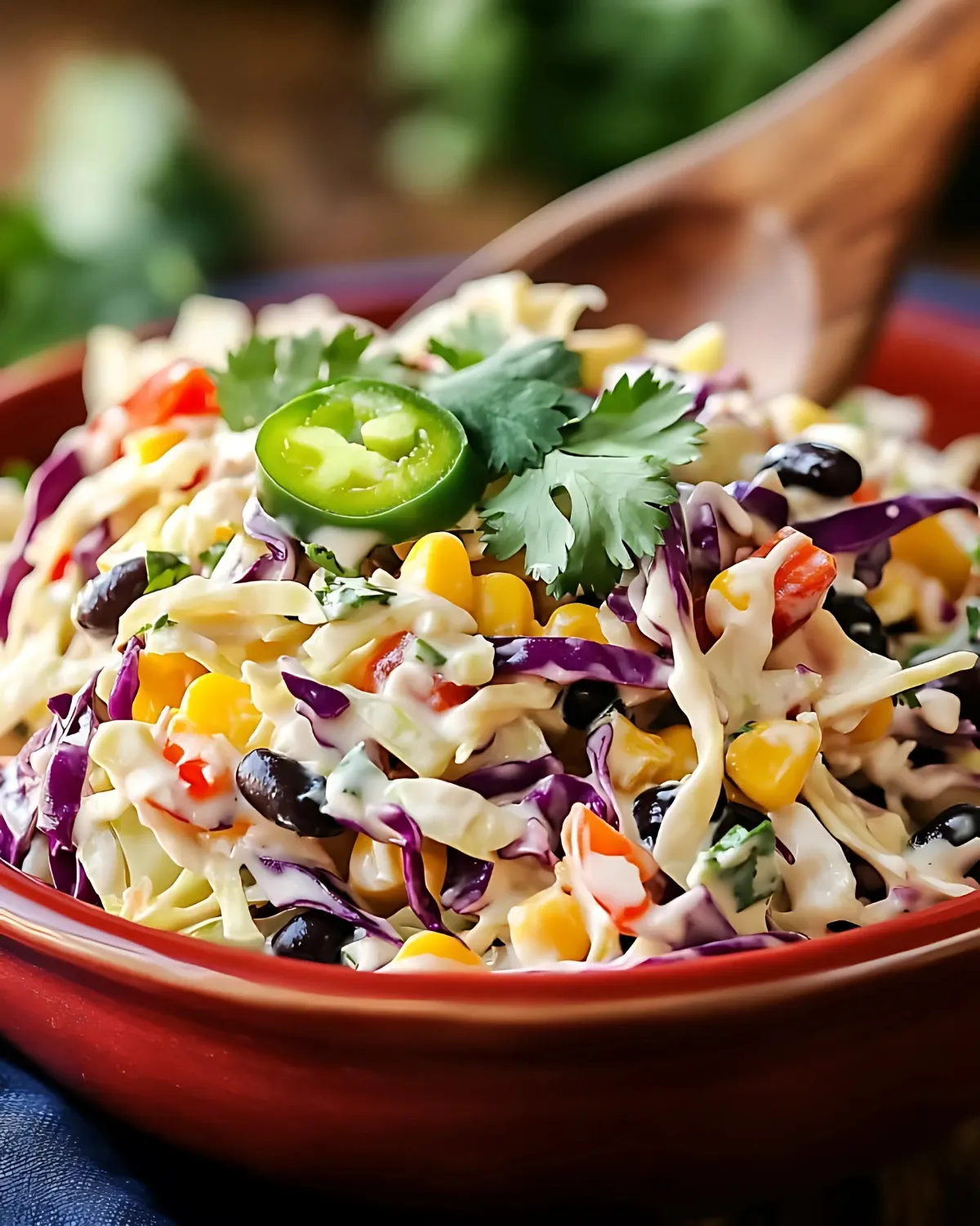 Creamy Mexican coleslaw with jalapeños and black beans