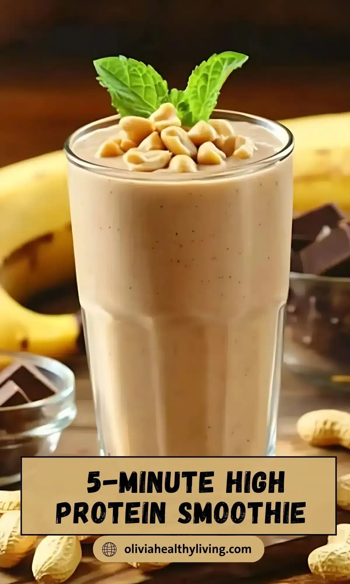 High protein smoothie in a glass topped with peanuts and mint, displayed with text "5-Minute High Protein Smoothie" and website branding, surrounded by peanuts and bananas