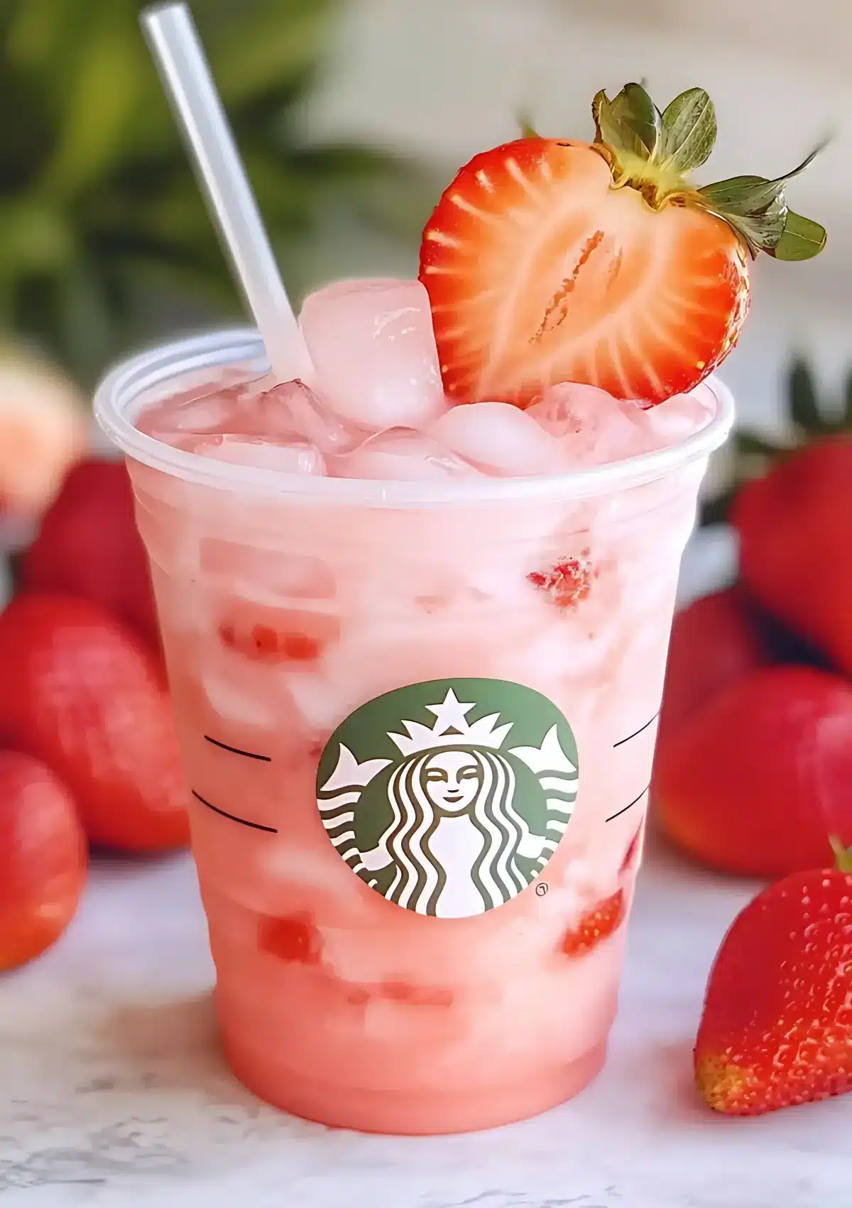 Detailed view of Pink Drink showing ice cubes, strawberry slice garnish, and pink liquid with strawberry bits