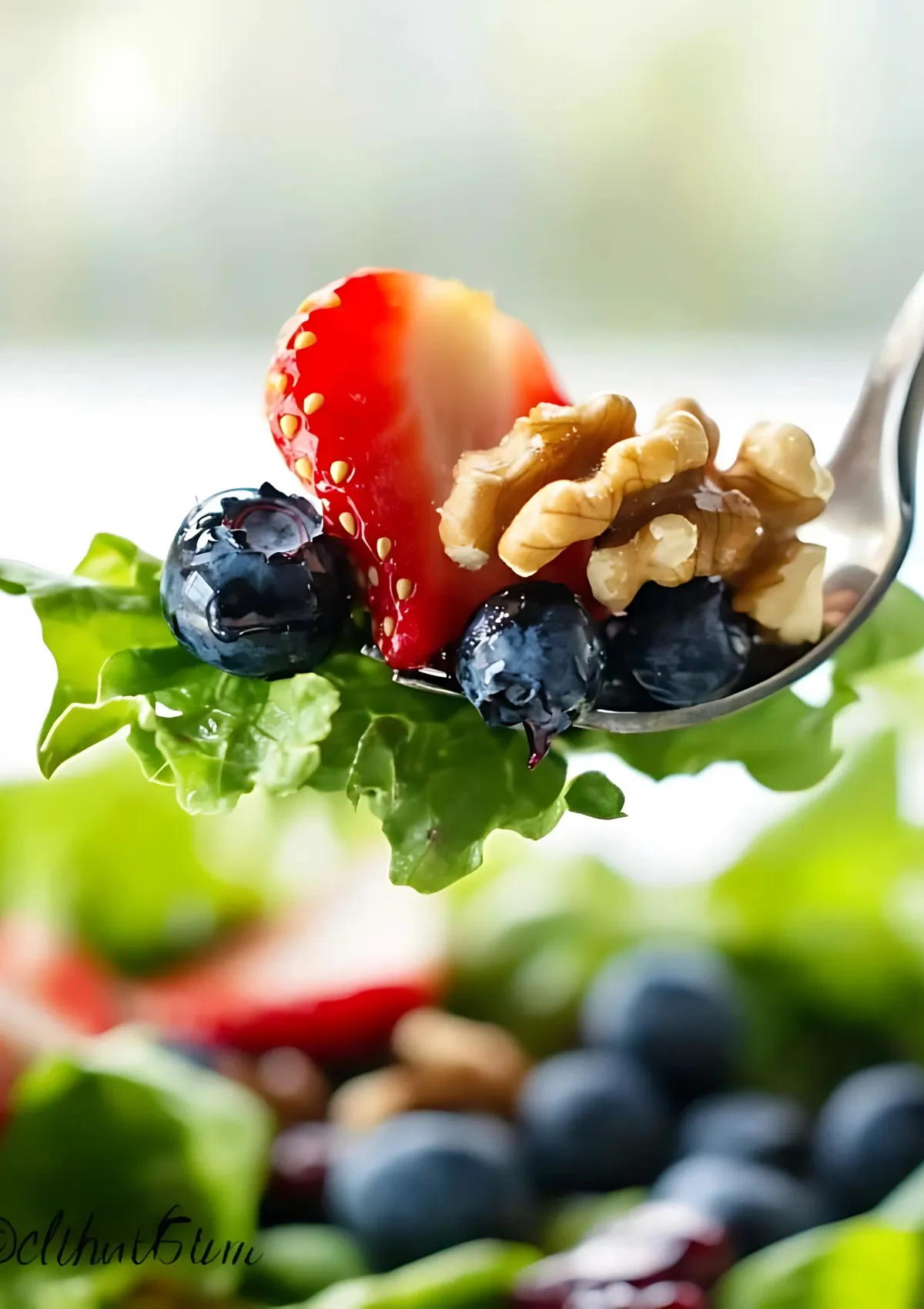 Spoonful of Red White and Blue Salad showing a strawberry, blueberries, and a candied walnut on fresh greens against a blurred background