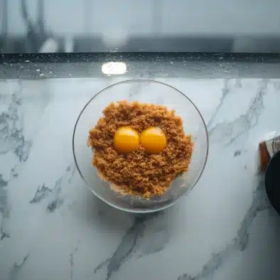 Brown sugar mixture in a glass bowl with two egg yolks on top, photographed from above on a marble countertop during the blondie batter preparation