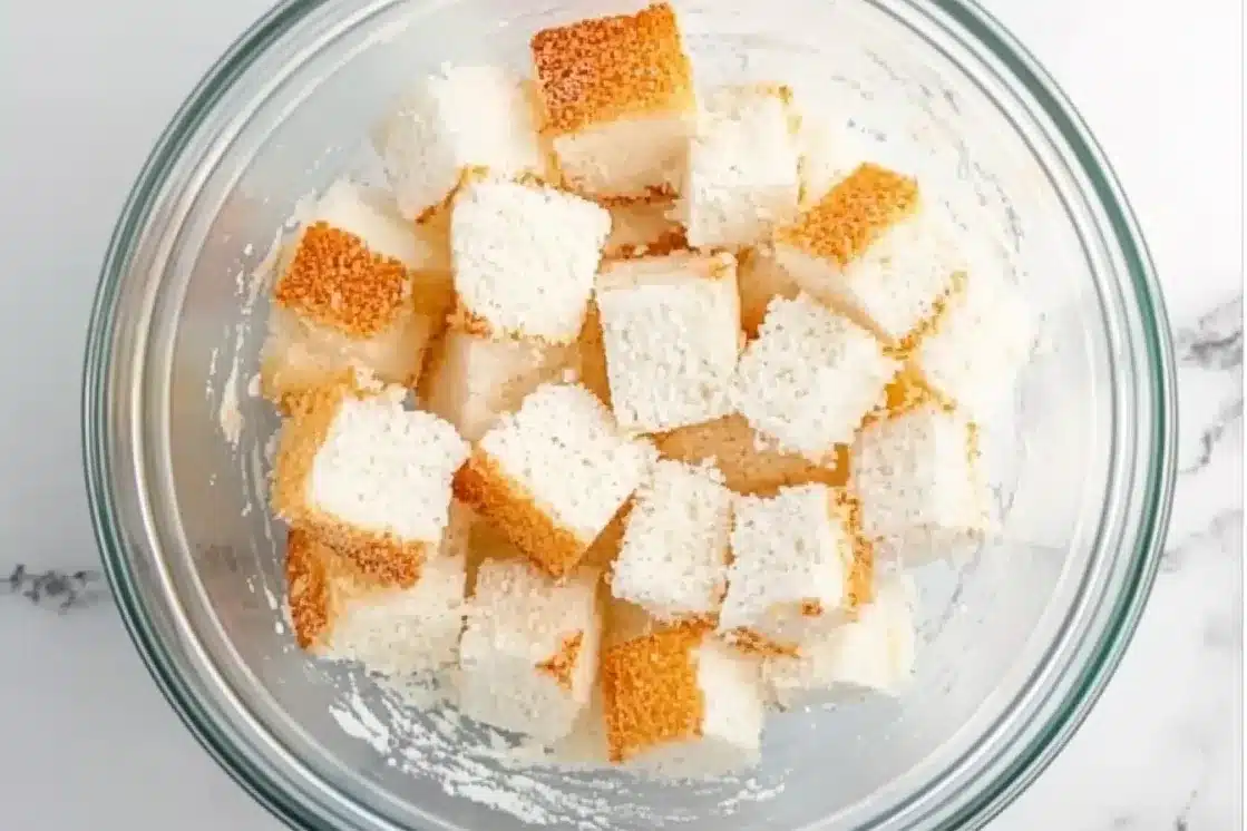 Overhead shot of uniform angel food cake pieces cut into 1-inch cubes in clear glass bowl, showing white sponge cake texture with golden crust edges on marble surface