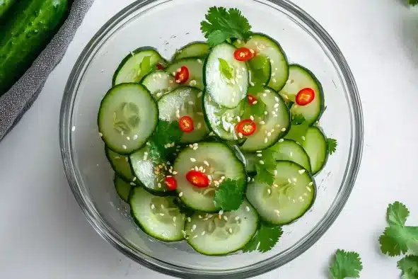 Overhead view of cucumber salad in clear glass bowl on white marble countertop with whole cucumber visible
