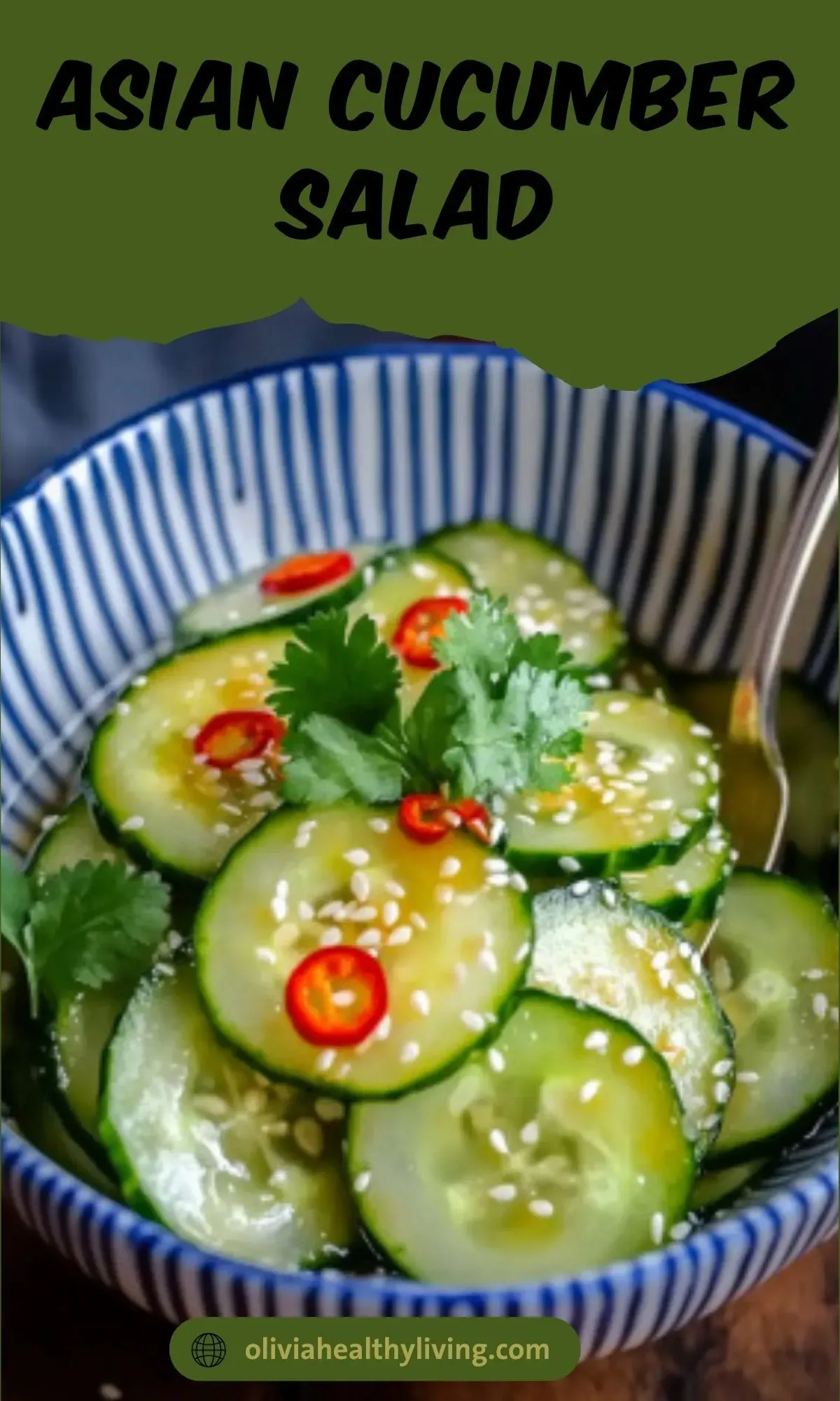 Asian cucumber salad in blue striped bowl with recipe title overlay on green background