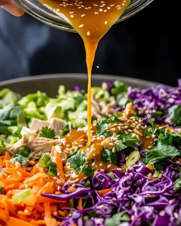 Golden amber Asian sesame dressing with visible sesame seeds being poured from glass bowl onto colorful Chinese chicken salad ingredients, creating dynamic action shot