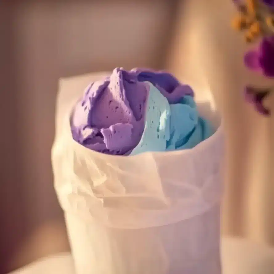 Piping bag filled with blue and purple frosting ready for decorating hydrangea cupcakes.