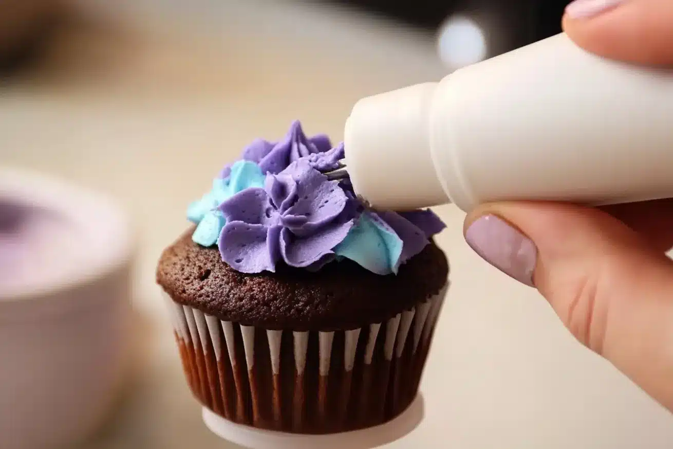 White piping bag filled with blue and purple buttercream frosting positioned side by side.