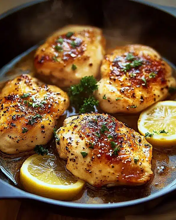 Caramelized lemon pepper chicken thighs in cast iron skillet with lemon slices and fresh herbs