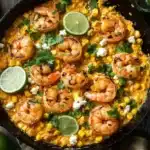Golden shrimp arranged over creamy corn mixture, garnished with lime slices, cilantro, and white cheese crumbles in a rustic skillet.