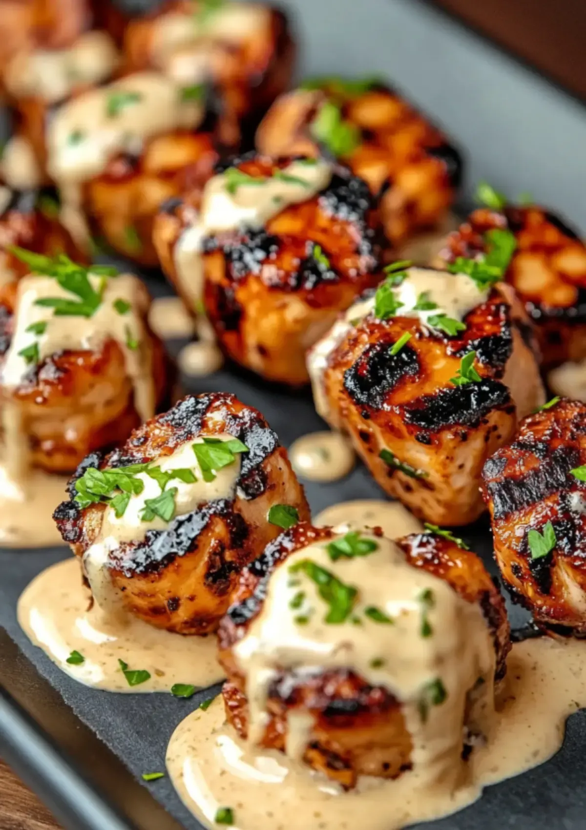 Macro shot of grilled chicken cubes with a glossy garlic sauce drizzle and chopped parsley, arranged on a baking tray.