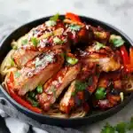 Overhead shot of a bowl filled with Char Siu chicken slices, garnished with cilantro and green onions, served over noodles with red bell pepper slices