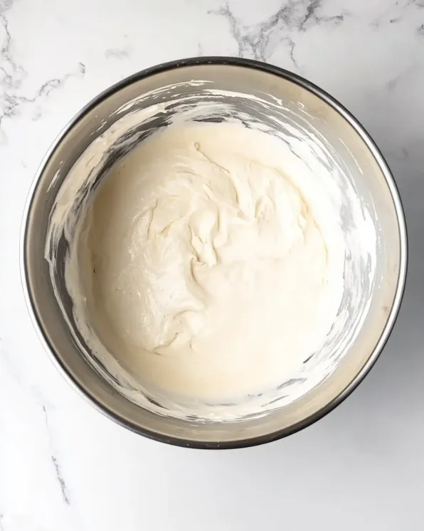 Overhead view of glass mixing bowl containing smooth white cheesecake cream mixture on marble countertop before adding berries