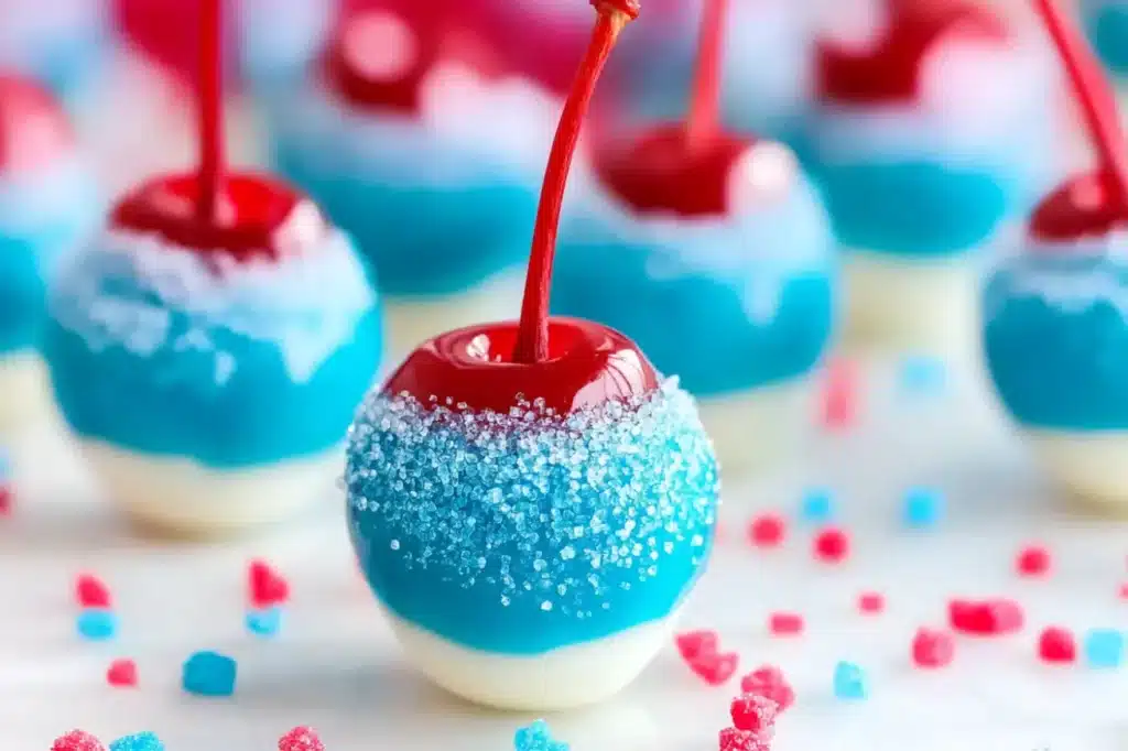 Close-up of a single boozy cherry bomb with red cherry, white chocolate middle, and blue sugar crystal coating on a white background.