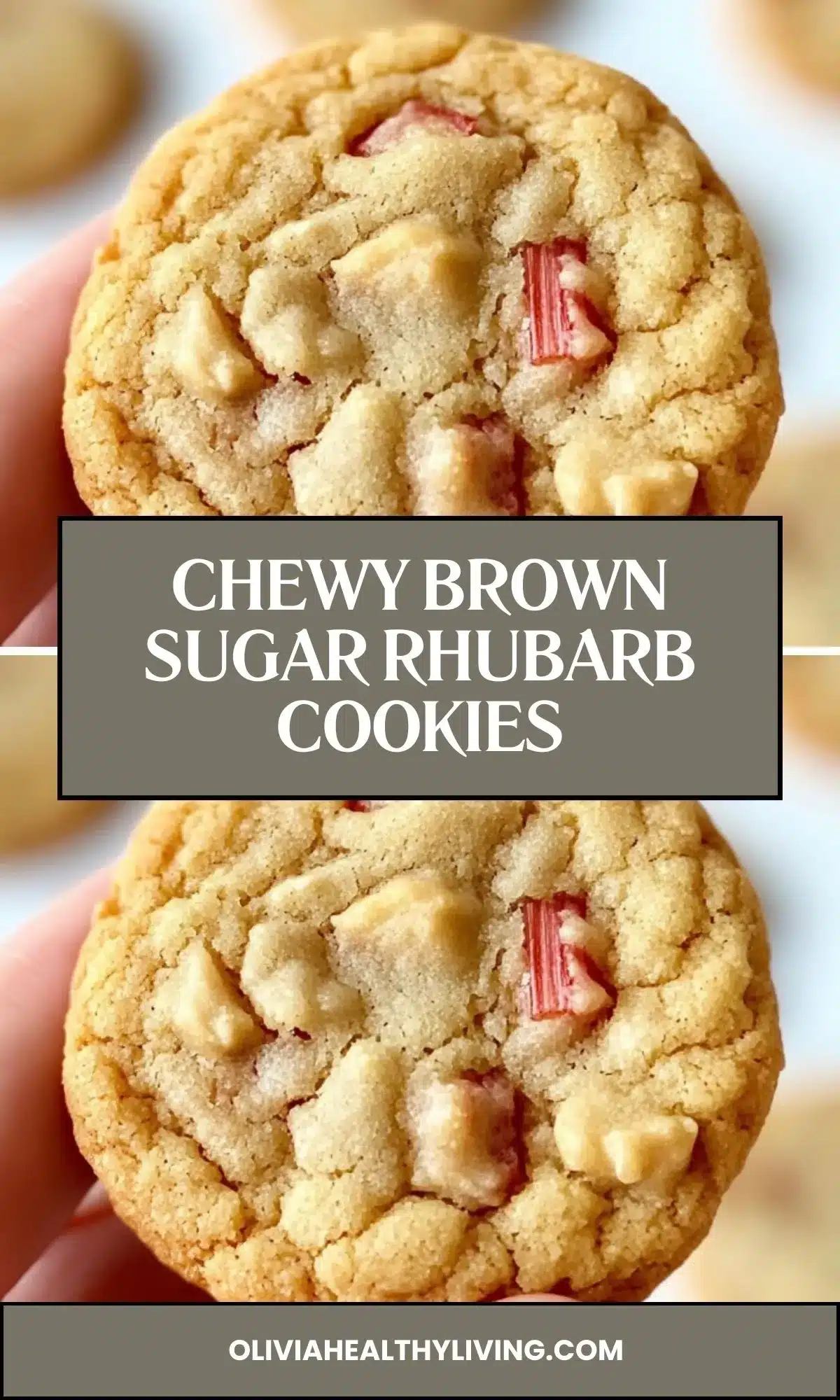 Close-up of a chewy brown sugar rhubarb cookie with visible red rhubarb pieces and crackly golden surface. Gray text overlay reads 'CHEWY BROWN SUGAR RHUBARB COOKIES'.