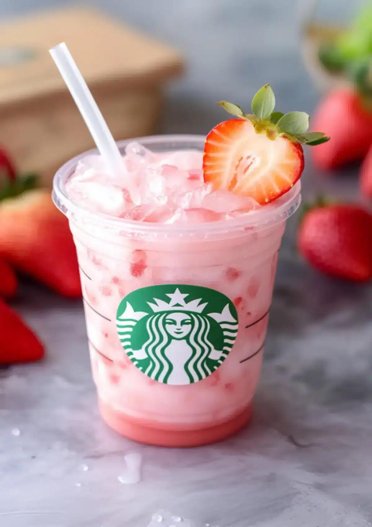Starbucks Pink Drink in a clear plastic cup filled with ice and topped with a halved fresh strawberry garnish, served with a white straw on a gray marble surface