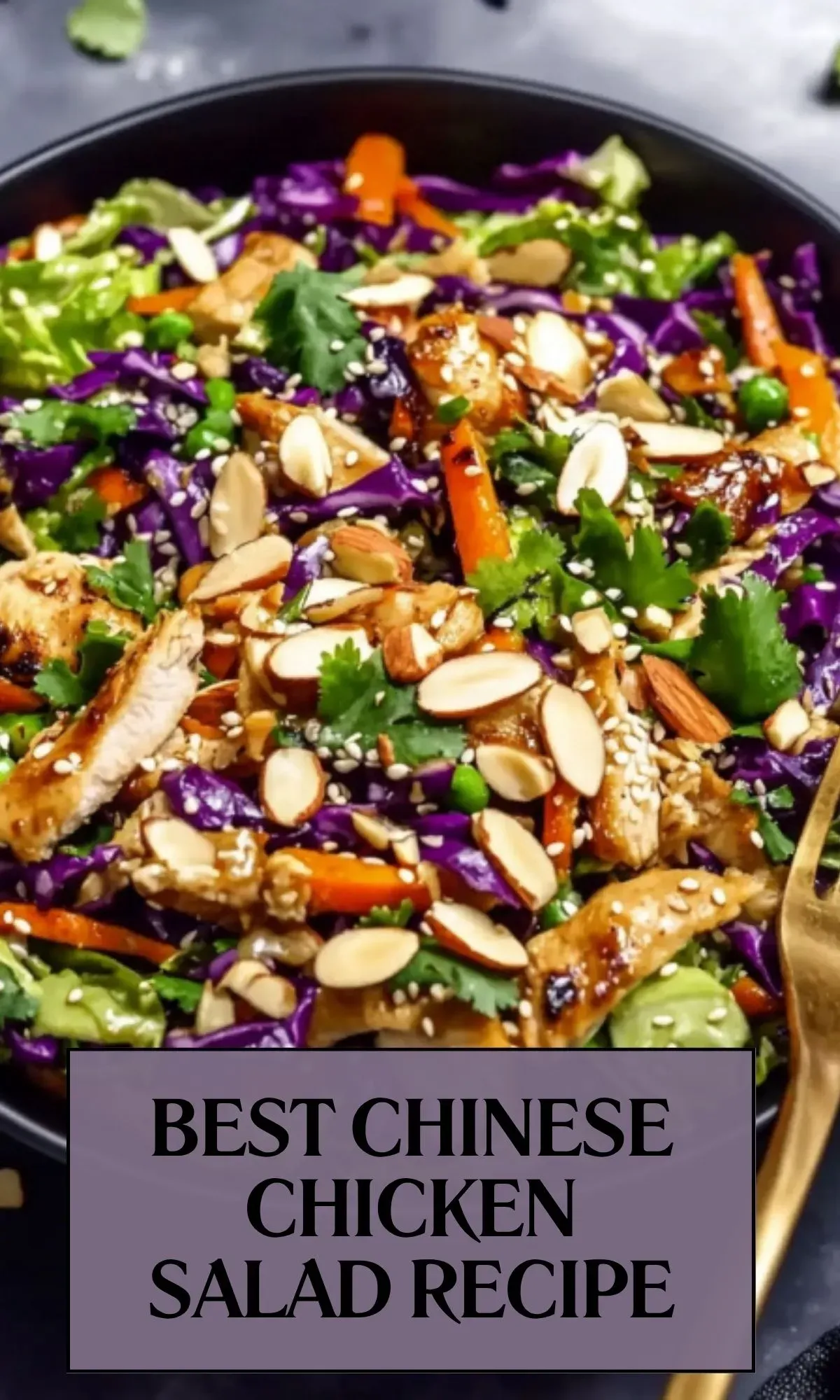 Beautifully plated Chinese chicken salad in black bowl with sliced ​​almonds and sesame seeds, recipe title card overlay for blog presentation