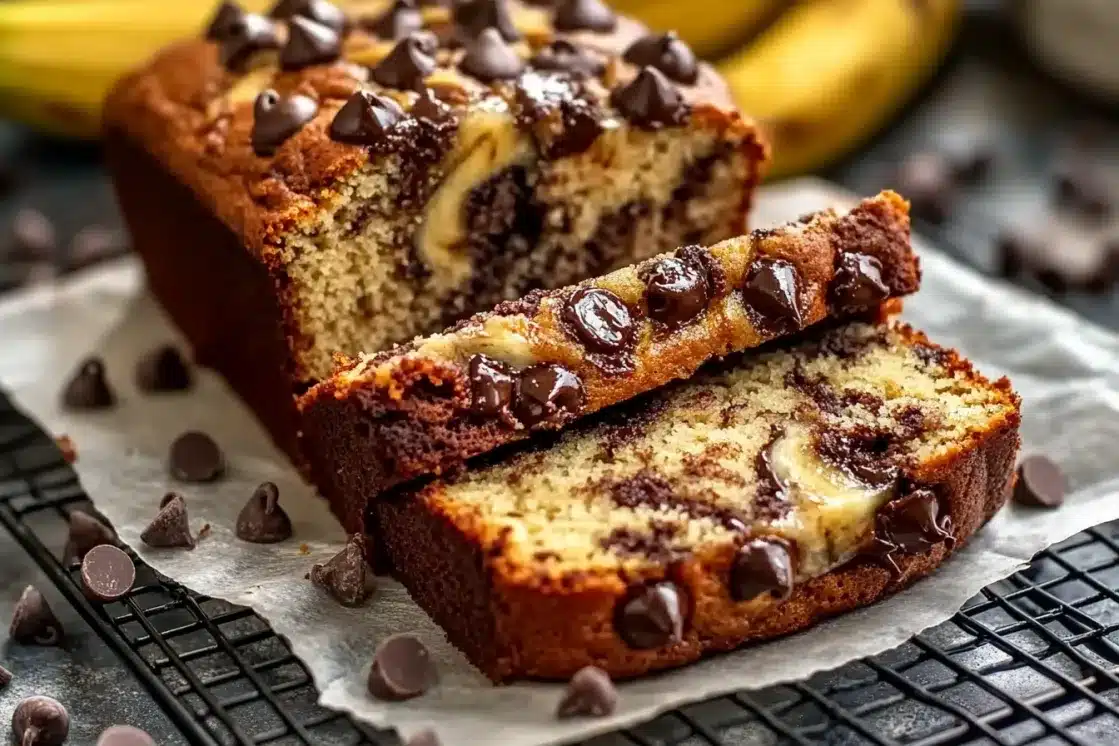 Marbled chocolate chip banana bread on wire cooling rack with parchment paper, showing perfect slices and scattered chocolate chips around