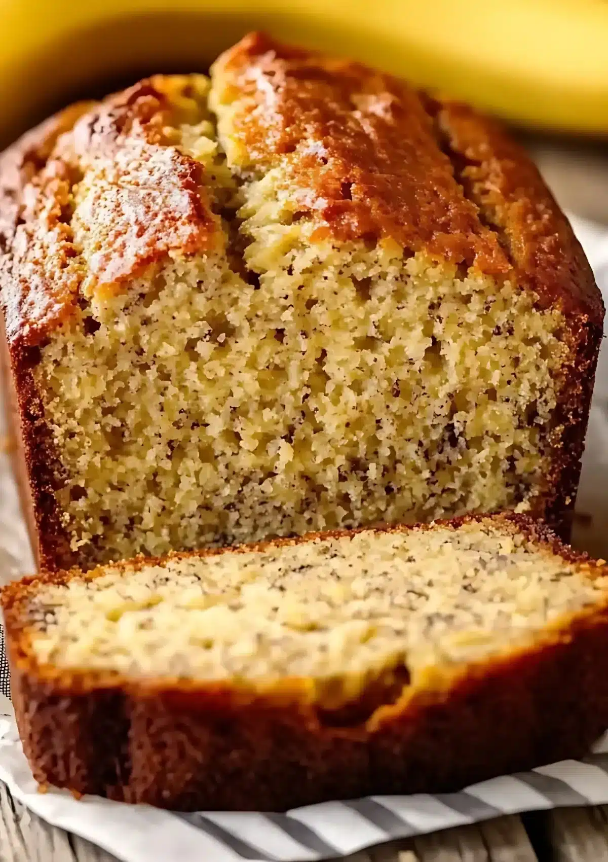 Close-up of classic banana bread showing its soft, fluffy texture and golden crust.