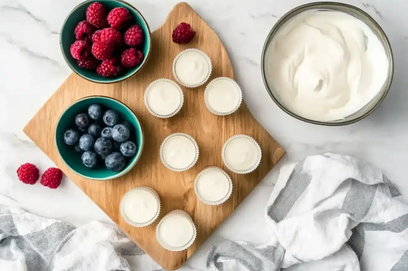 Close-up of vegan frozen yogurt cups in teal liners showcasing the smooth white yogurt topped with vibrant red raspberries and plump blueberries, arranged on a white scalloped plate.