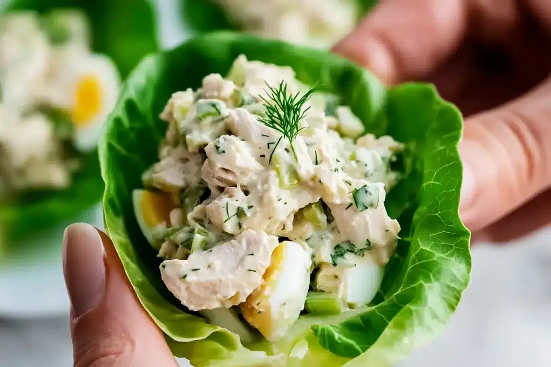 Hands cupping keto chicken salad lettuce wrap showing creamy filling with chopped eggs and fresh dill