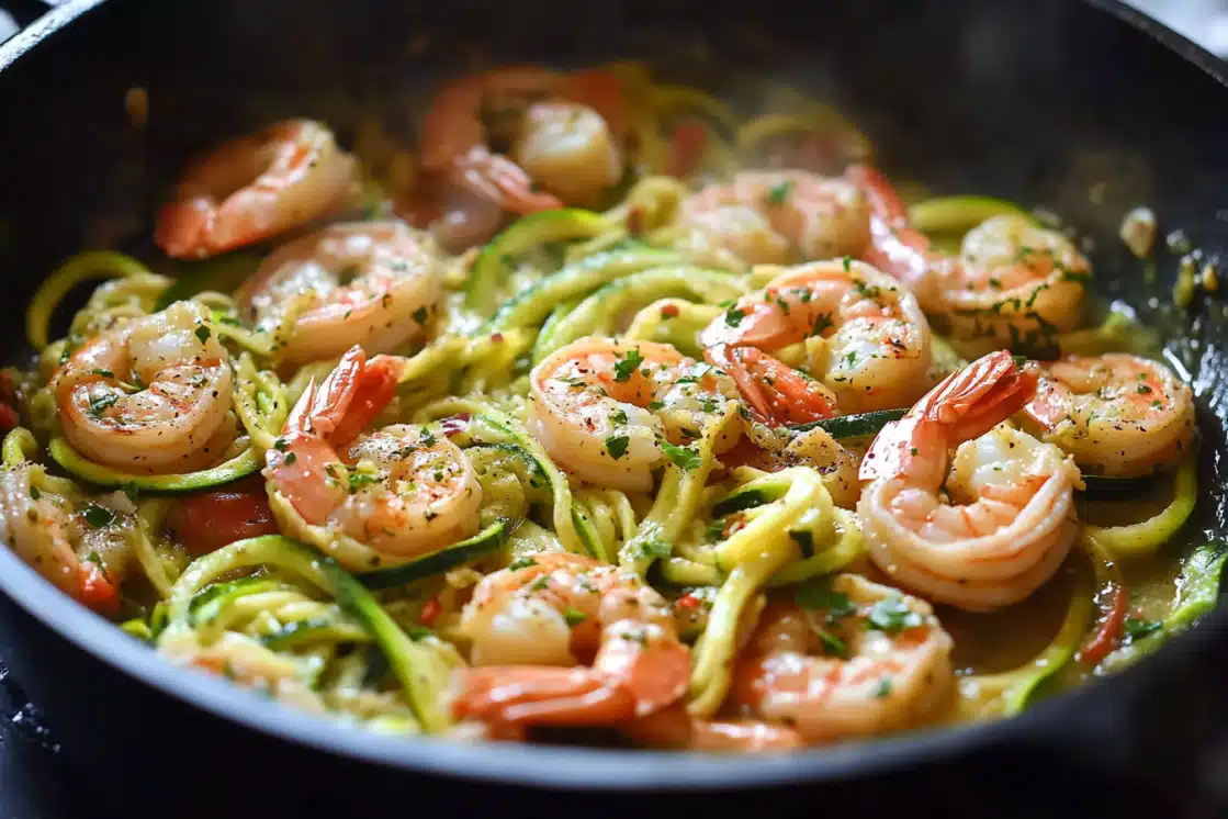 Close-up of zucchini shrimp scampi cooking in dark skillet, showing perfectly cooked pink shrimp mixed with spiralized zucchini in garlic butter sauce