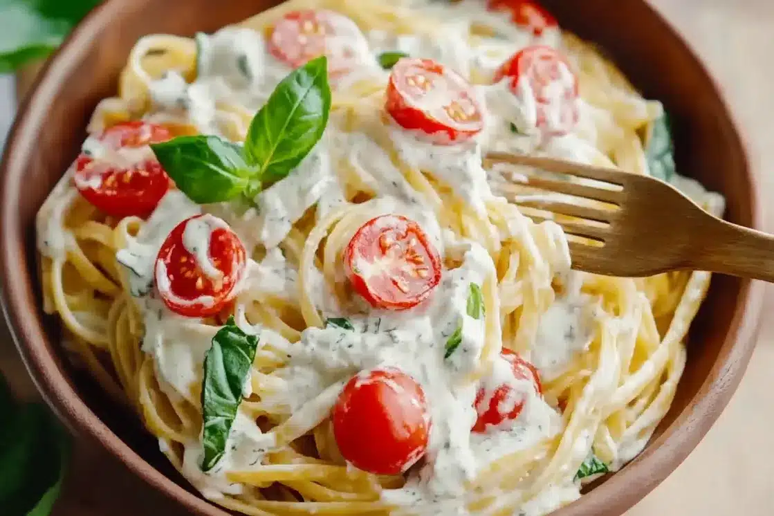 Creamy lemon ricotta pasta with cherry tomatoes and fresh basil in rustic brown ceramic bowl, gold fork twirling the pasta, showing the creamy white sauce coating