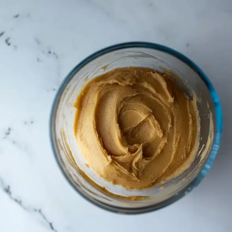 Creamed butter and brown sugar mixture with a smooth, caramel-like consistency in a glass mixing bowl, viewed from above on a marble surface