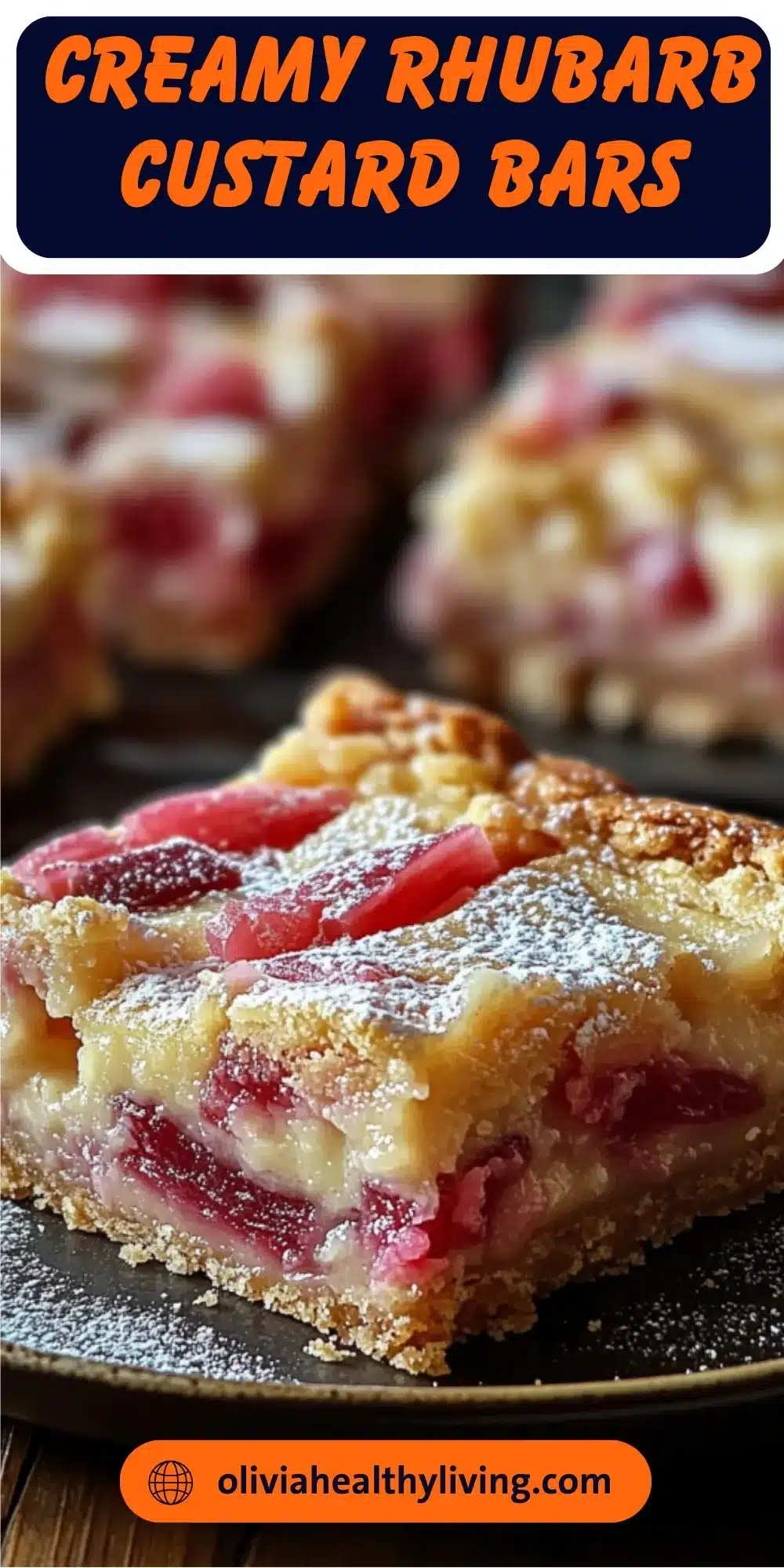 Vertical Pinterest image featuring a close-up of a rhubarb custard bar with text overlay reading 'Creamy Rhubarb Custard Bars' and website URL.