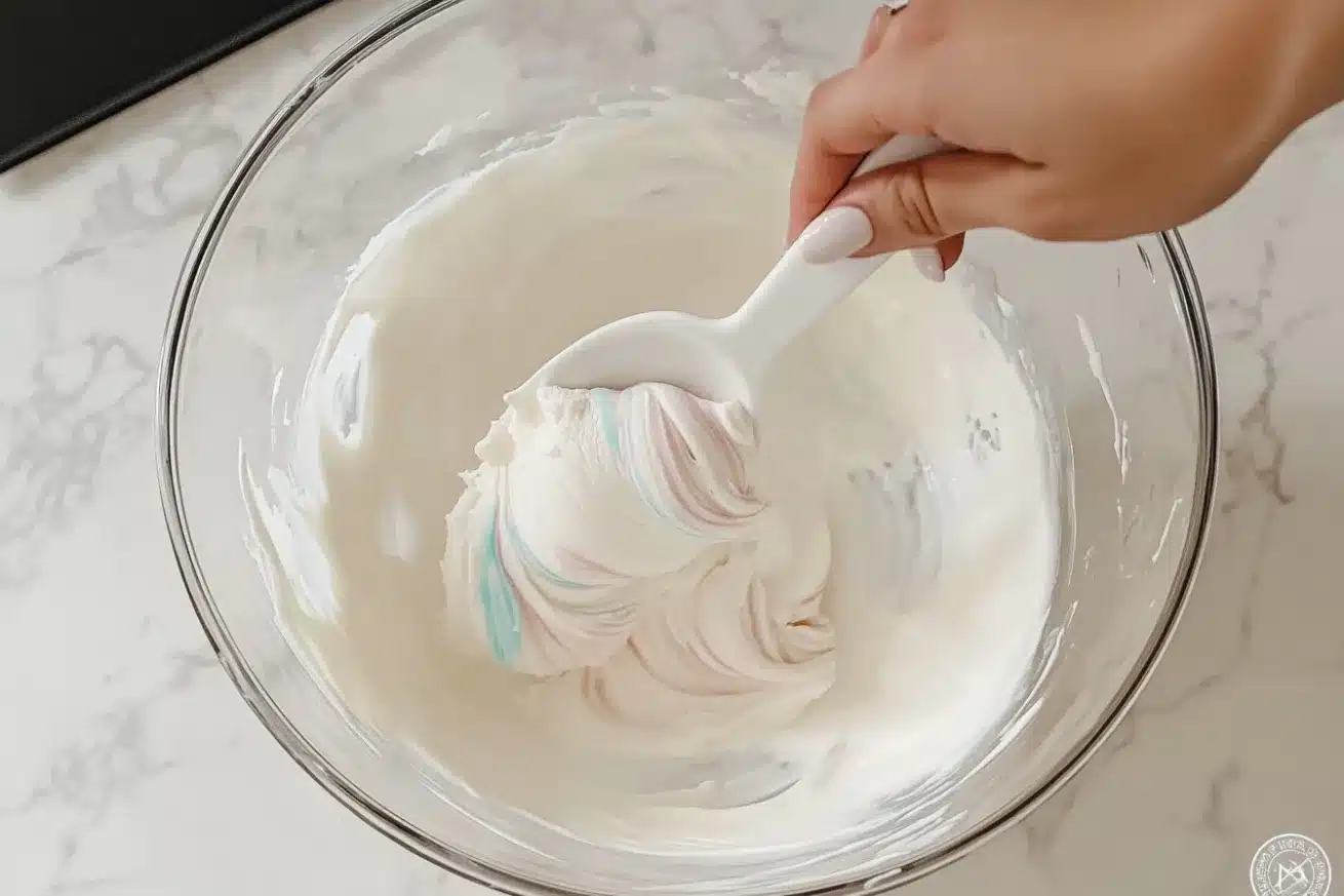 Hand mixing red and white cream in a glass bowl creating a marbled swirl pattern with a white spatula
